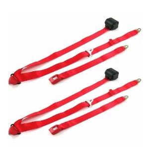 Standard 3 Point Red Retractable Bucket Seat Belt Kit with Bracketry & 2 Belts for 1962-1965 Chevy II