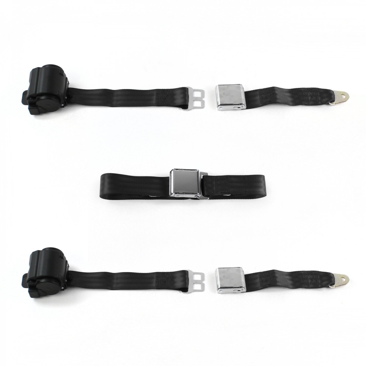 Airplane 2 Point Black Retractable Bench Seat Belt Kit with 3 Belts for 1971-1976 Chevy Impala