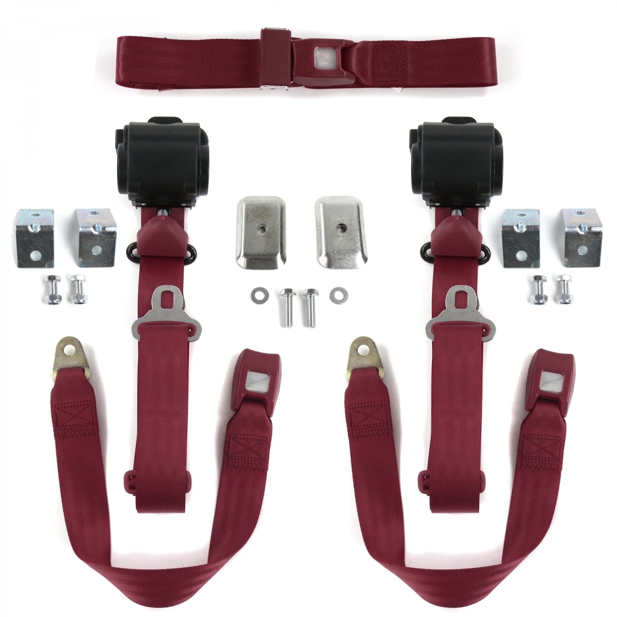 Standard 3 Point Burgundy Retractable Bench Seat Belt Kit with Bracketry & 3 Belts for 1968-1969 Ford Fairlane
