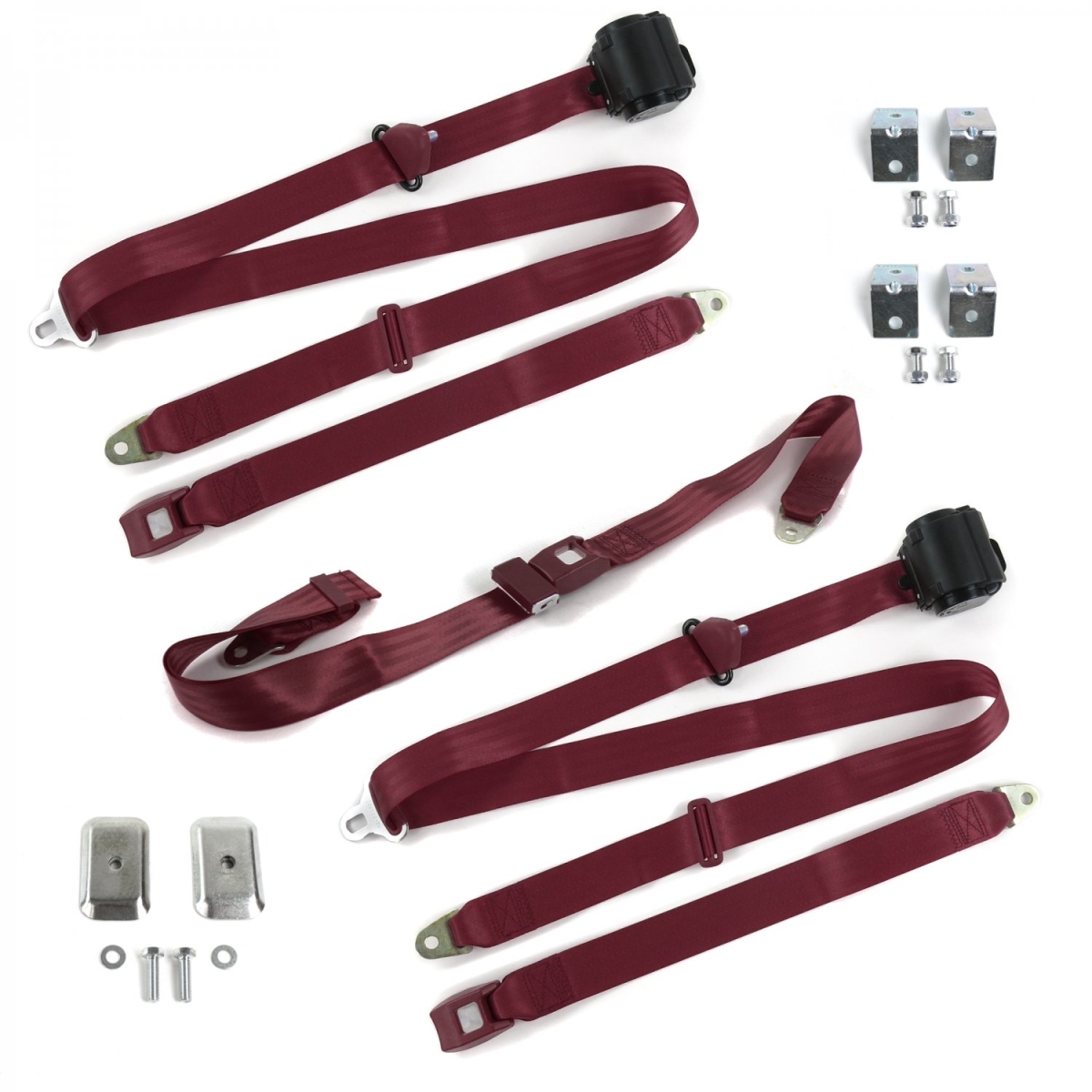 Standard 3 Point Burgundy Retractable Bench Seat Belt Kit with Bracketry & 3 Belts for 1980-1982 Ford Thunderbird