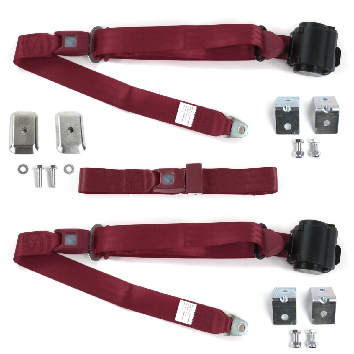 Standard 3 Point Burgundy Retractable Bench Seat Belt Kit with Bracketry & 3 Belts for 1949-1967 VW Type 2 Split