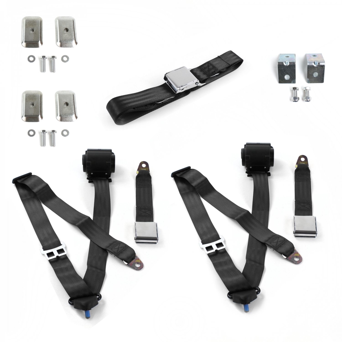 Airplane 3 Point Black Retractable Bench Seat Belt Kit with Bracketry & 3 Belts for 1967-1972 Chevy Truck