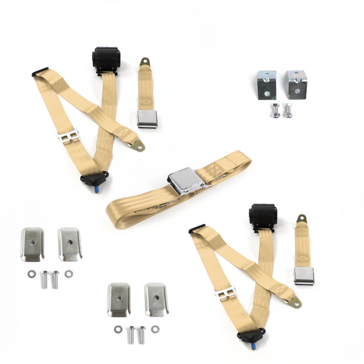 685219 Airplane 3 Point Tan Retractable Bench Seat Belt Kit with Bracketry & 3 Belts for 1967-1972 Chevy Truck