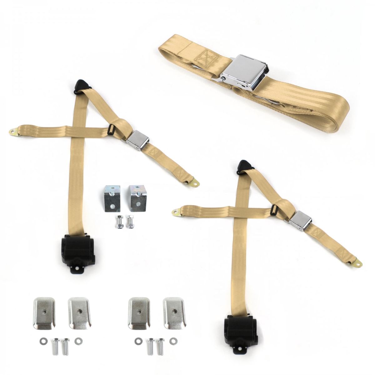 Airplane 3 Point Tan Retractable Bench Seat Belt Kit with Bracketry & 3 Belts for 1971-1976 Chevy Impala