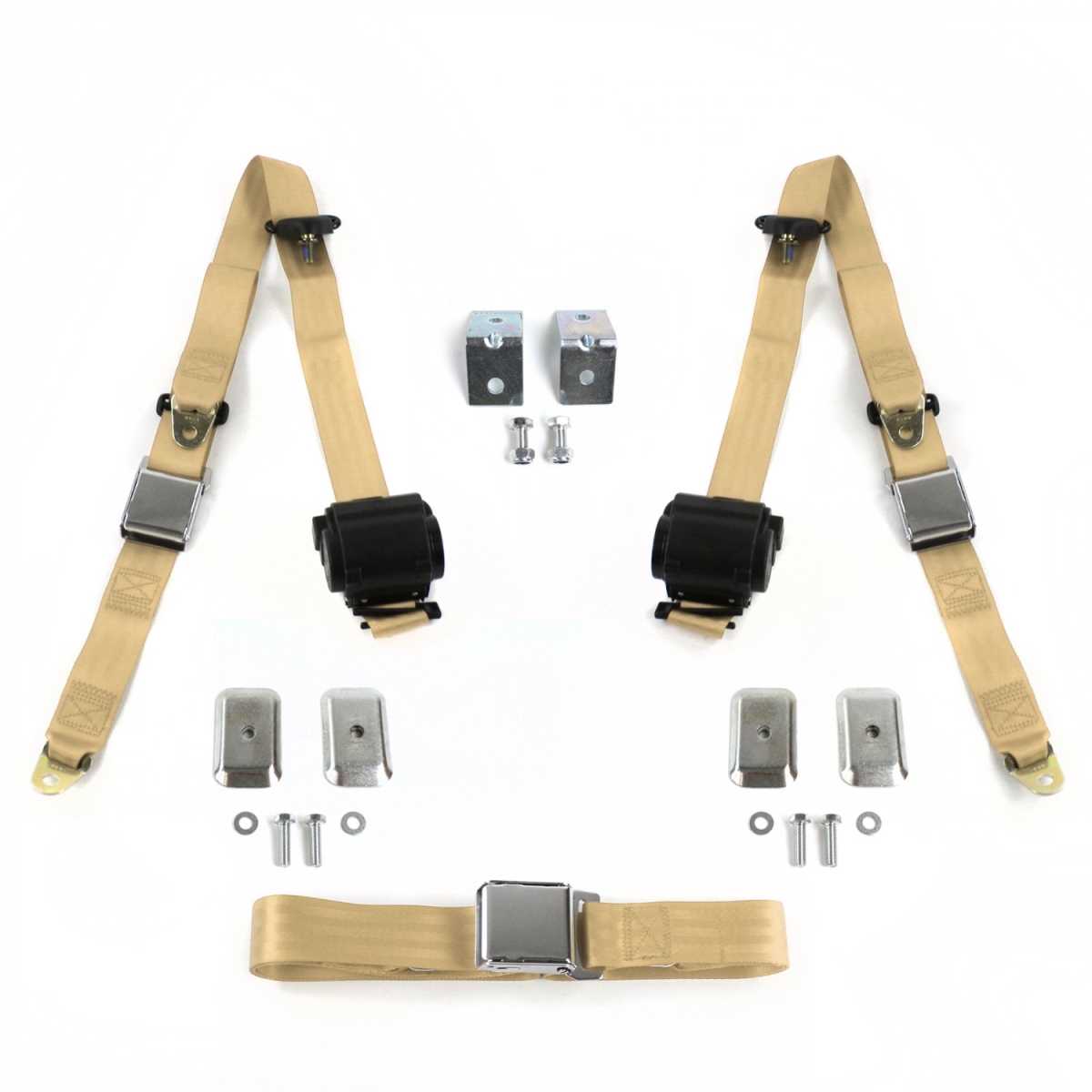 Airplane 3 Point Tan Retractable Bench Seat Belt Kit with Bracketry & 3 Belts for 1958-1967 VW Type 1