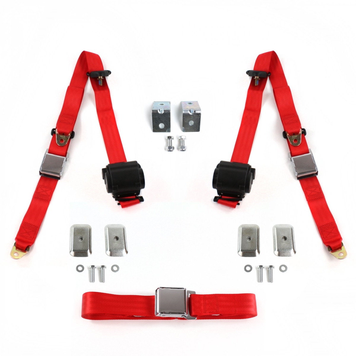 Airplane 3 Point Red Retractable Bench Seat Belt Kit with Bracketry & 3 Belts for 1960-1969 Chevy Corvair