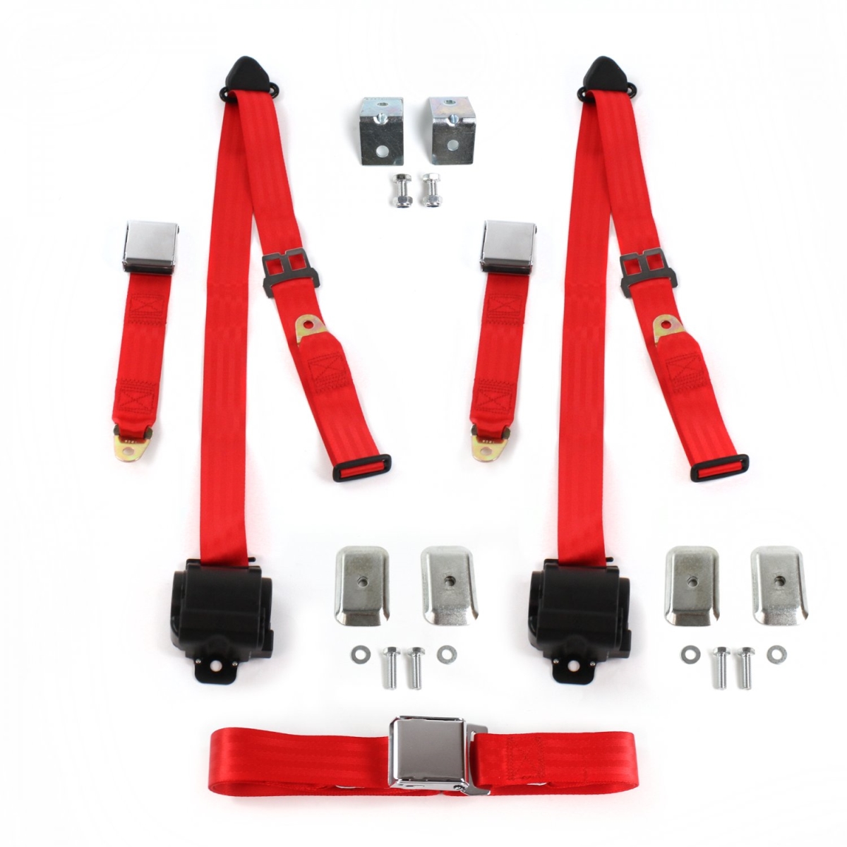 Airplane 3 Point Red Retractable Bench Seat Belt Kit with Bracketry & 3 Belts for 1966-1973 Jeep Jeepster