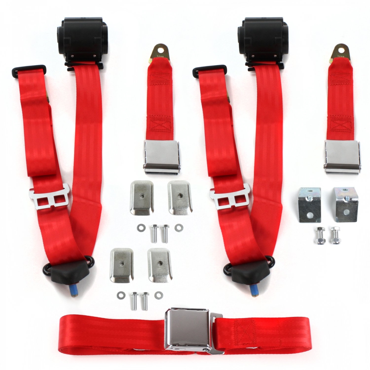 Airplane 3 Point Red Retractable Bench Seat Belt Kit with Bracketry & 3 Belts for 1977-1979 Ford Thunderbird