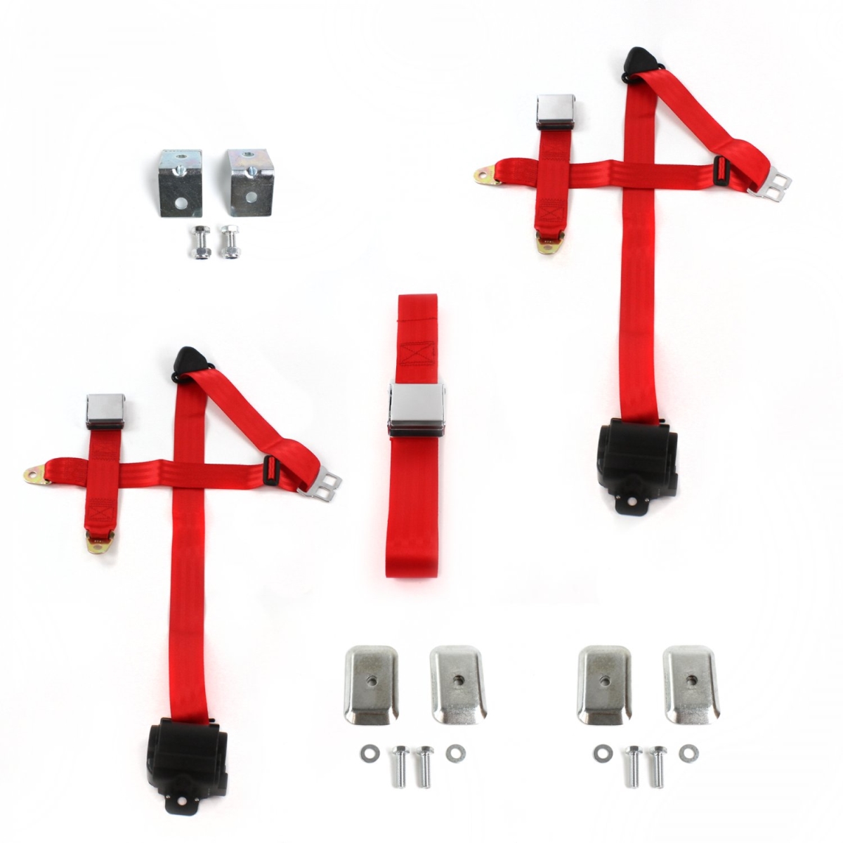 Airplane 3 Point Red Retractable Bench Seat Belt Kit with Bracketry & 3 Belts for 1950-1954 Nash Rambler