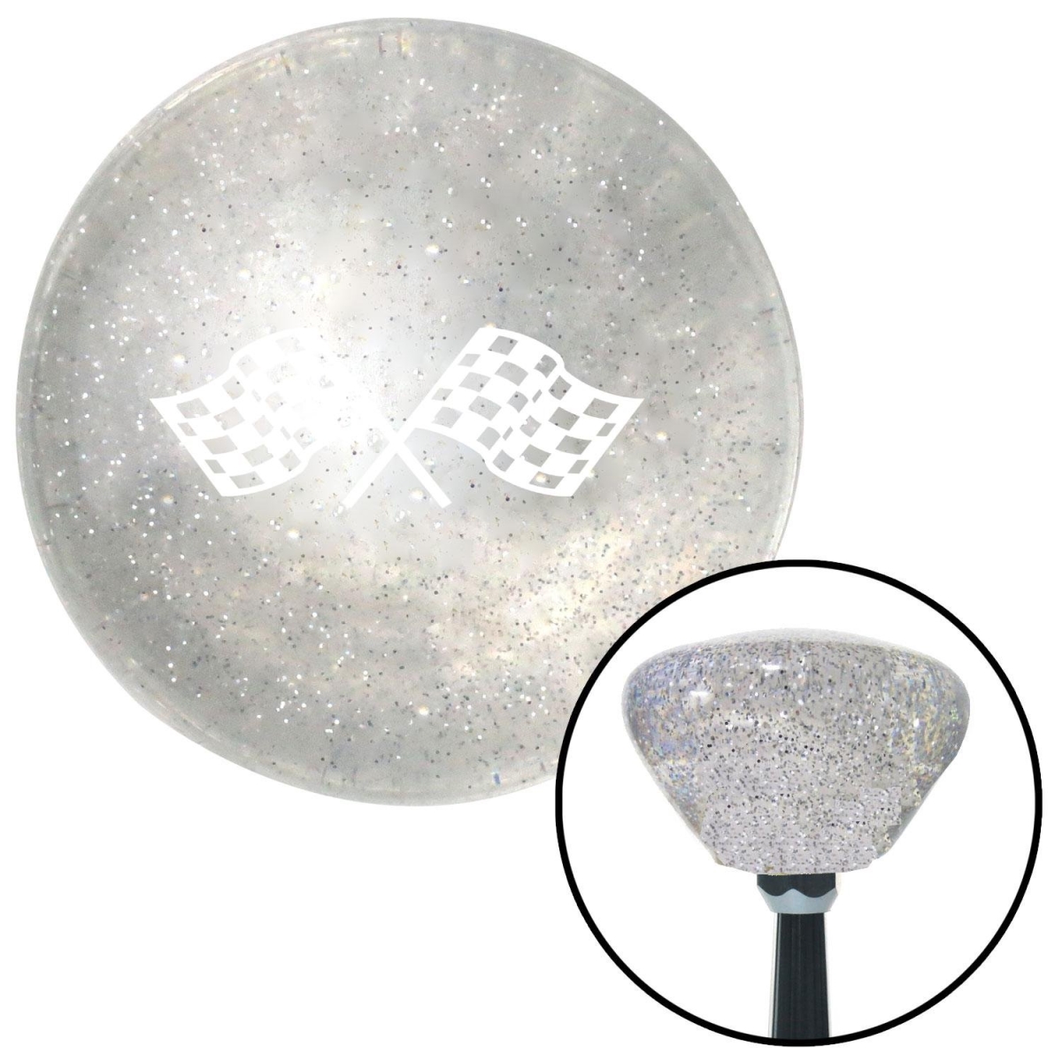 American Shifter 163608 White Dual Racing Flags Clear Retro Metal Flake Shift Knob with M16 x 1.5 Insert -  American Shifter Company