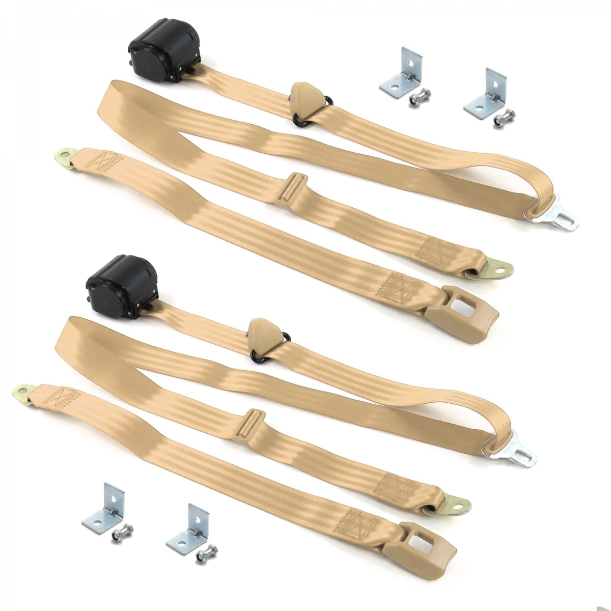 Standard 3 Point Tan Retractable Bucket Seat Belt Kit with Bracketry for Buick Roadmaster 1949-1953 - 2 Belts