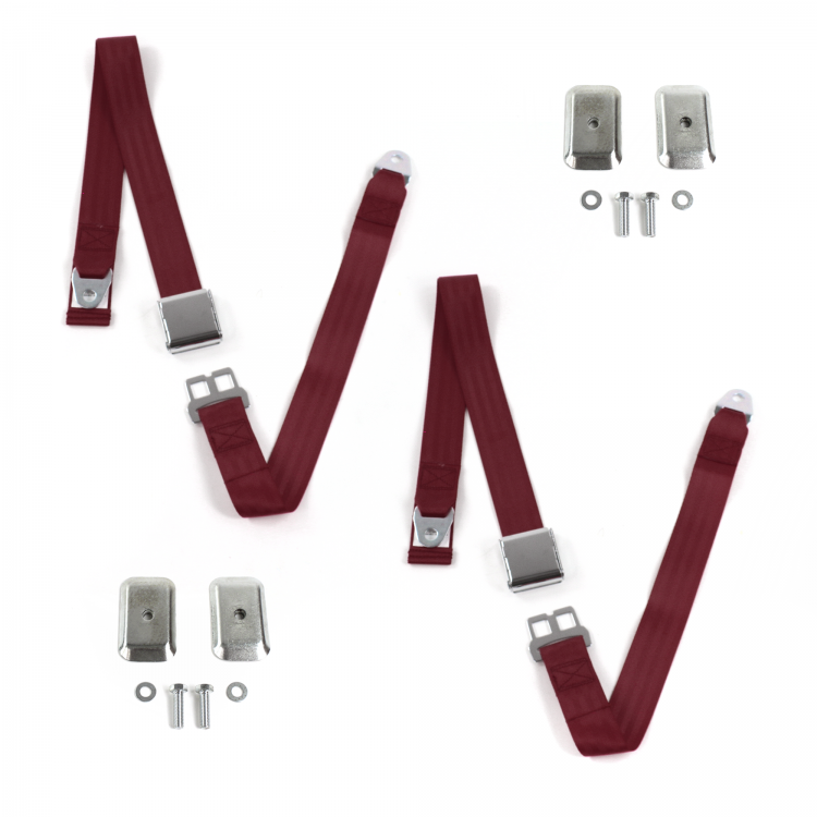 Airplane 2 Point Burgundy Lap Bucket Seat Belt Kit with Bracketry for VW Karmann Ghia - 2 Belts