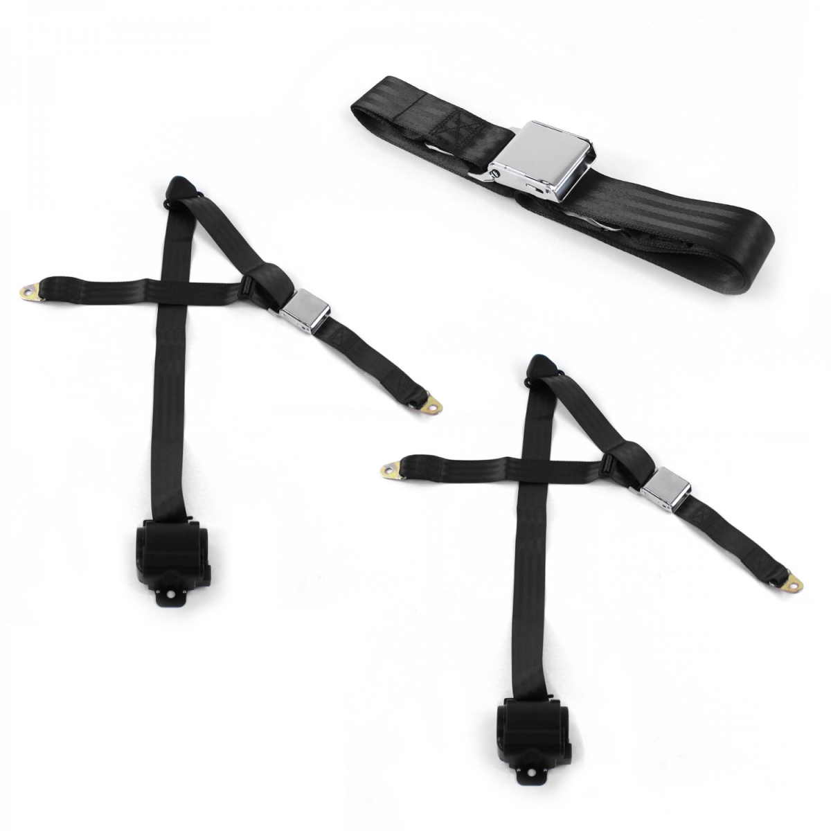 674194 Airplane 3 Point Black Retractable Bench Seat Belt Kit for Ford Bronco 1966-1977 - 3 Belts