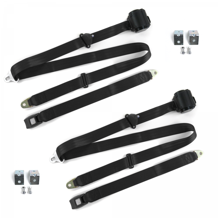 Standard 3 Point Black Retractable Bucket Seat Belt Kit with Bracketry for Chevy Corvair 1960-1969 - 2 Belts