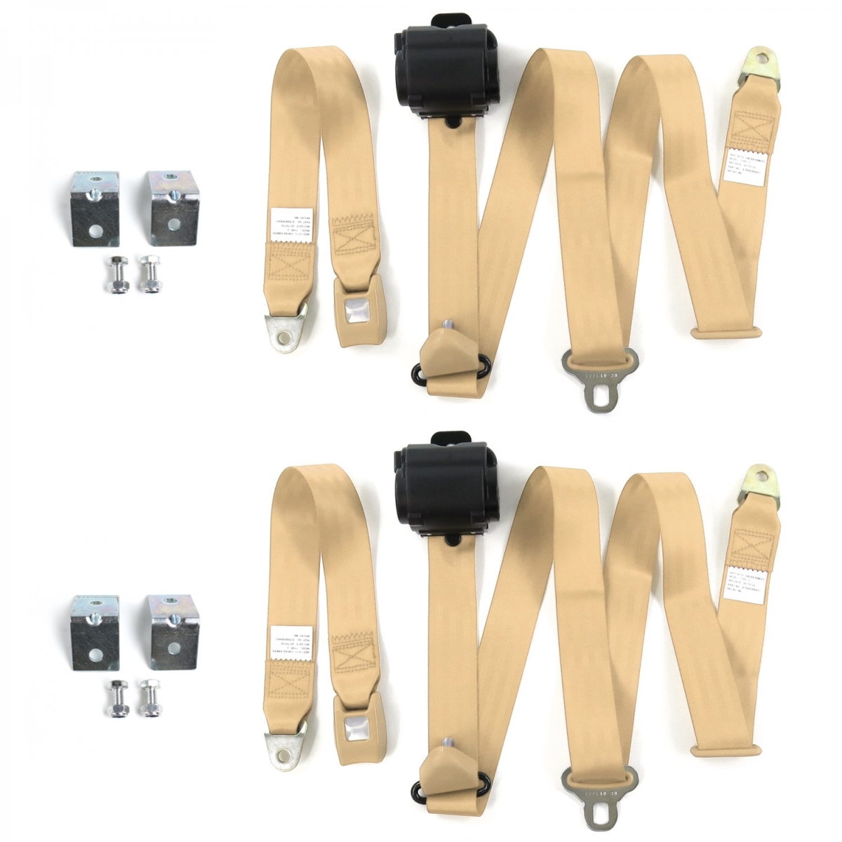 Standard 3 Point Tan Retractable Bucket Seat Belt Kit with Bracketry for Ford Mustang 1967-1970 - 2 Belts