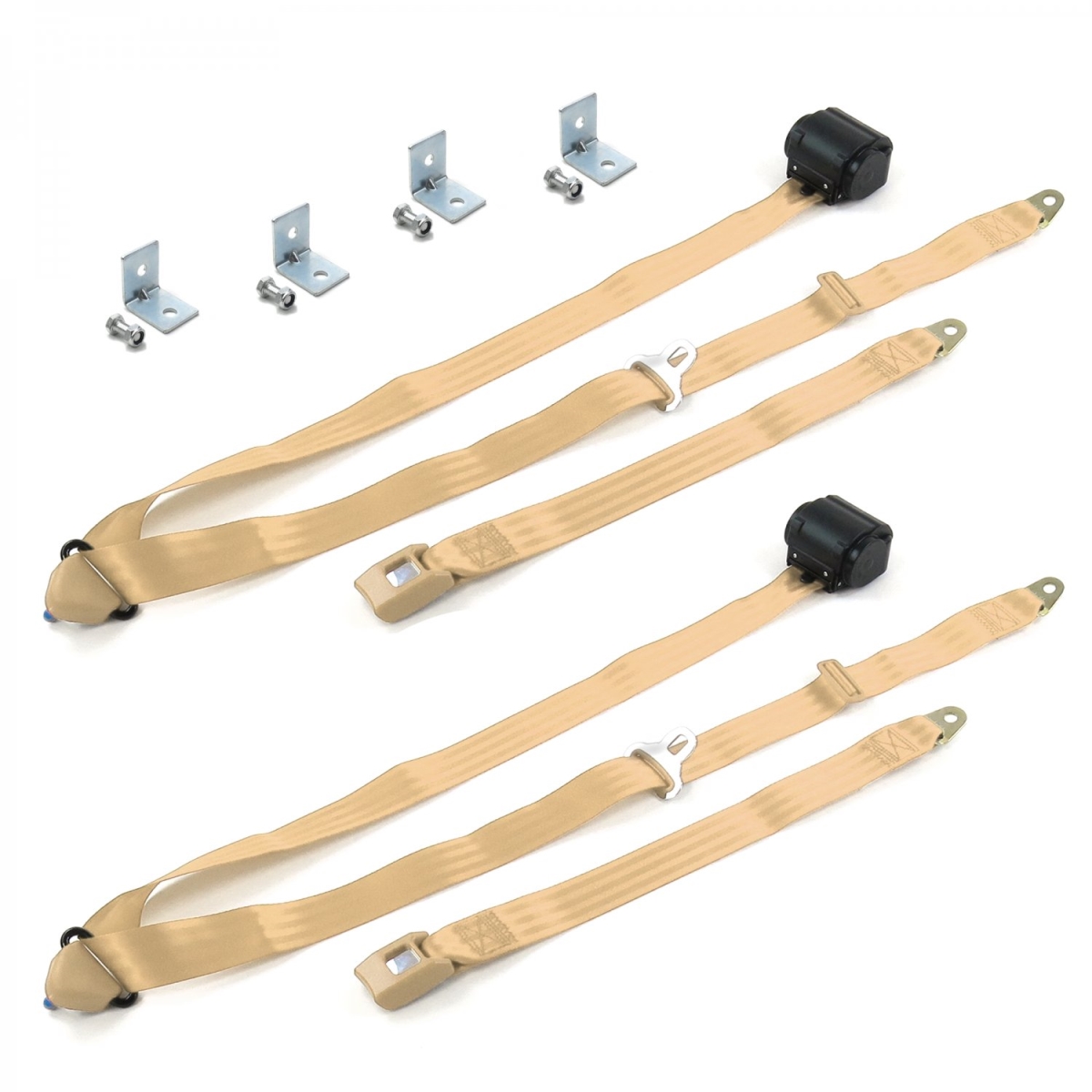 Standard 3 Point Tan Retractable Bucket Seat Belt Kit with Bracketry for Ford Fairlane 1970 - 2 Belts