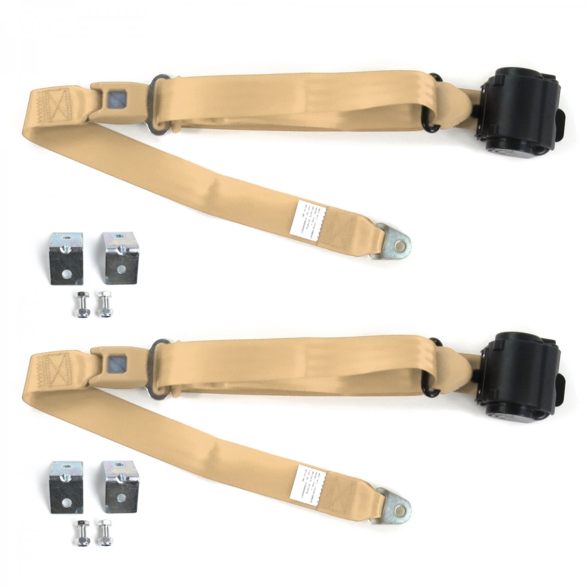 Standard 3 Point Tan Retractable Bucket Seat Belt Kit with Bracketry for Buick Roadmaster 1954-1956 - 2 Belts