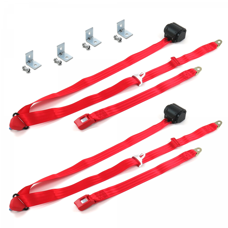 Standard 3 Point Red Retractable Bucket Seat Belt Kit with Bracketry for Ford Falcon 1960-1963 - 2 Belts