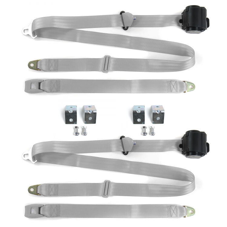 Standard 3 Point Gray & Grey Retractable Bucket Seat Belt Kit with Bracketry for Jeep Wrangler 1987-1996 - 2 Belts