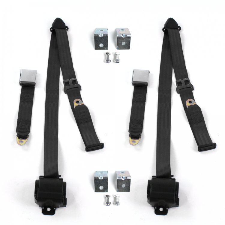 Airplane 3 Point Black Retractable Bucket Seat Belt Kit with Bracketry for Ford Mustang 1974-1978 - 2 Belts