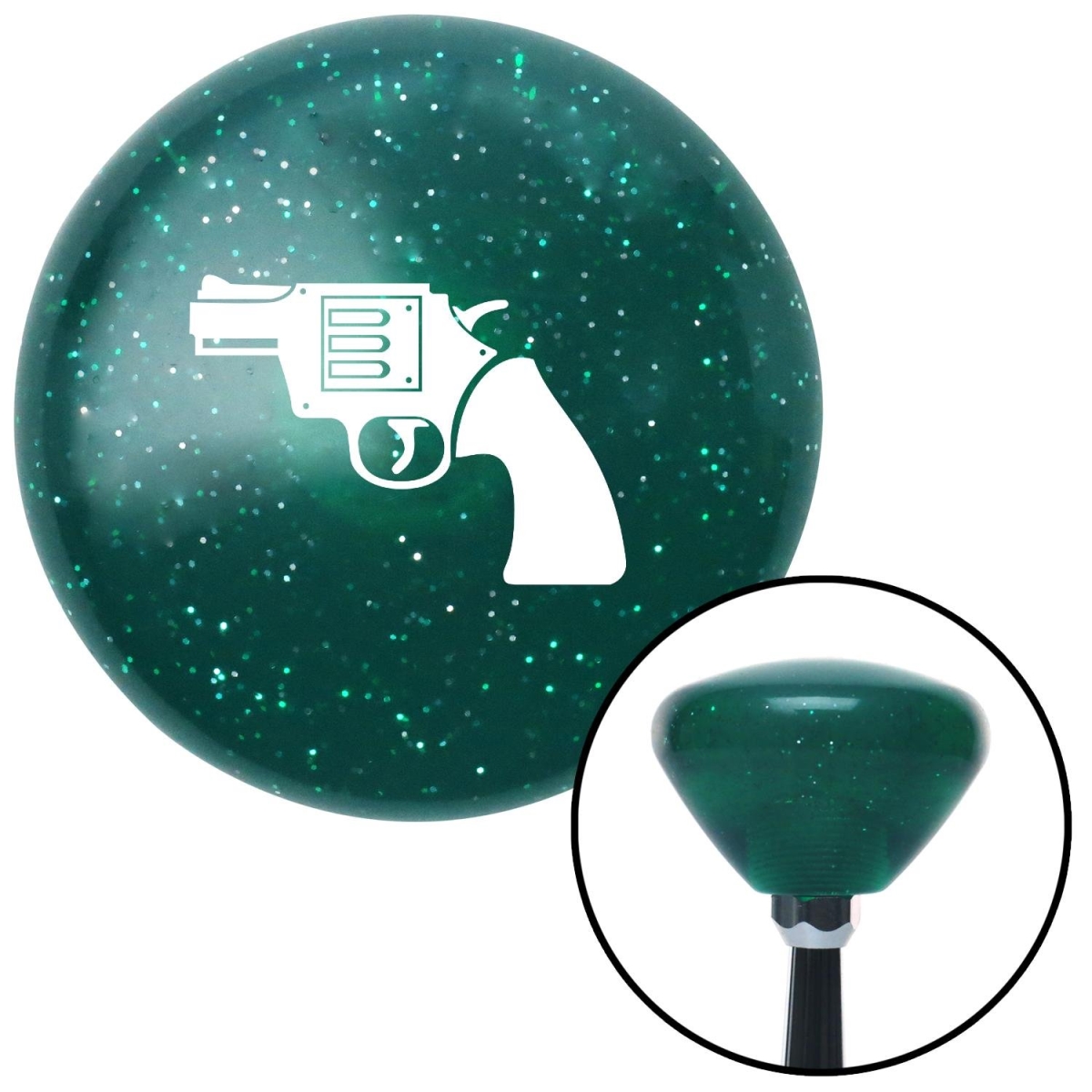 American Shifter 206059 Green Retro Metal Flake Shift Knob with M16 x 1.5 Insert (White Hand Gun)