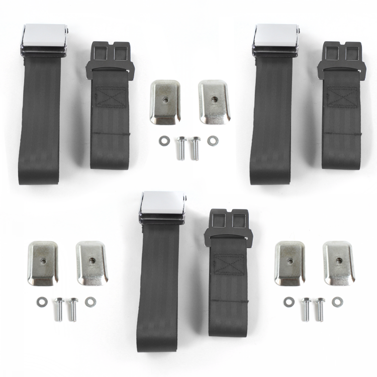 Airplane 2 Point Charcoal Lap Bucket Seat Belt Kit with Bracketry for Chevy Cavalier 1982-1994 - 2 Belts