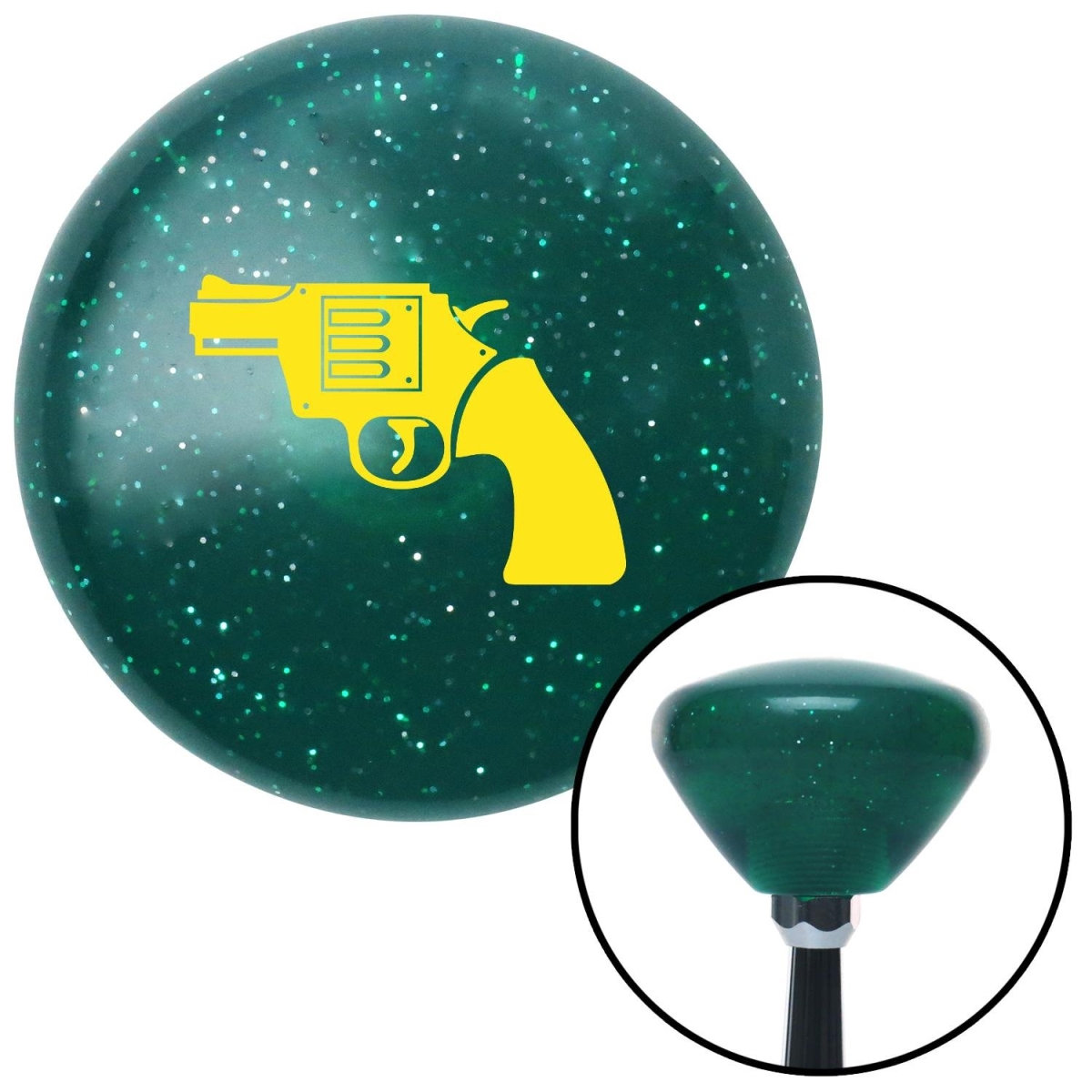 American Shifter 206060 Green Retro Metal Flake Shift Knob with M16 x 1.5 Insert (Yellow Hand Gun)