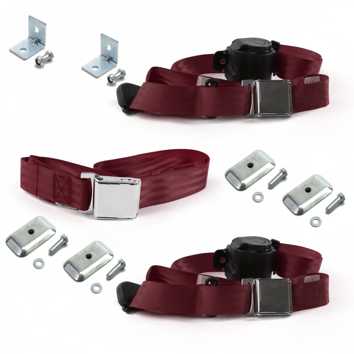 Airplane 3 Point Burgundy Retractable Bench Seat Belt Kit with Bracketry for VW Type 1 1968-1983 - 3 Belts