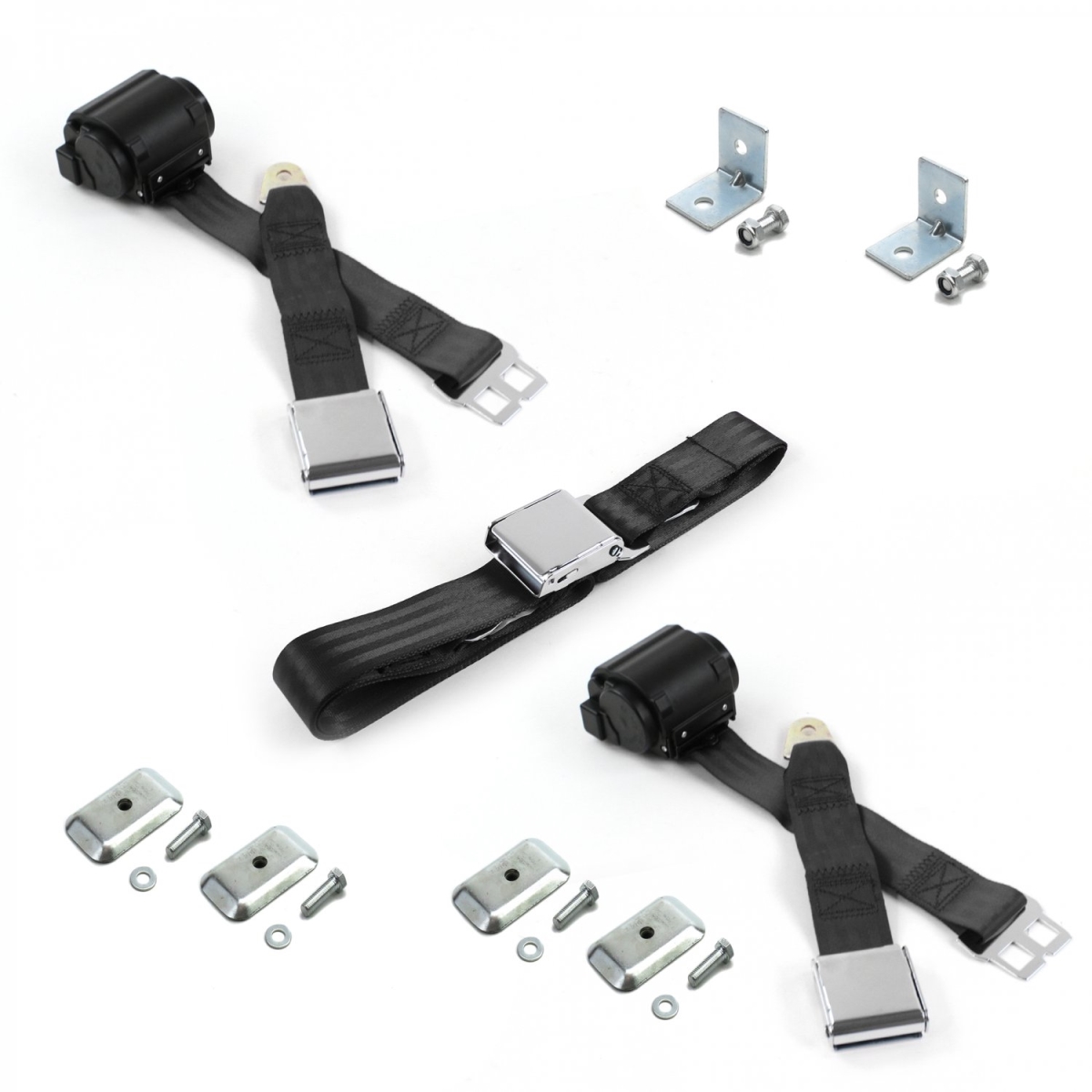 681903 Airplane 2 Point Black Retractable Bench Seat Belt Kit with Bracketry for Ford Bronco 1980-1996 - 3 Belts