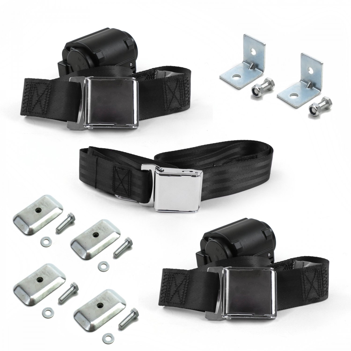 Airplane 2 Point Black Retractable Bench Seat Belt Kit with Bracketry for Chevy S10 Blazer 1982-1994 - 3 Belts
