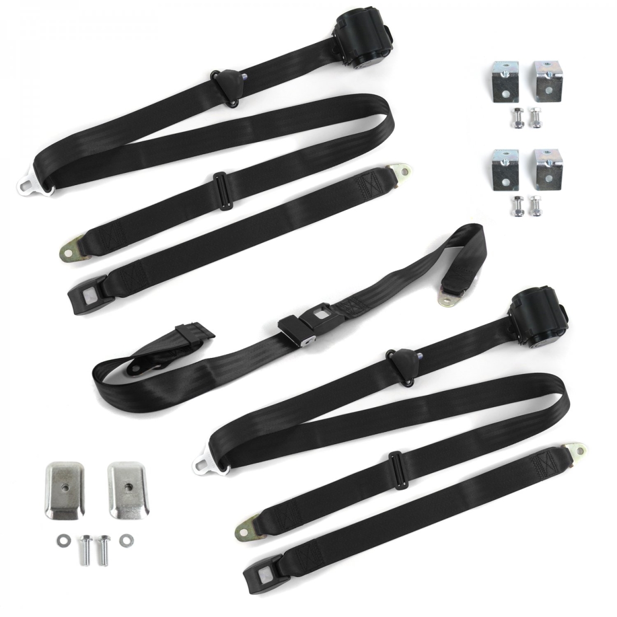 Standard 3 Point Black Retractable Bench Seat Belt Kit with Bracketry for Ford 1949-1951 - 3 Belts