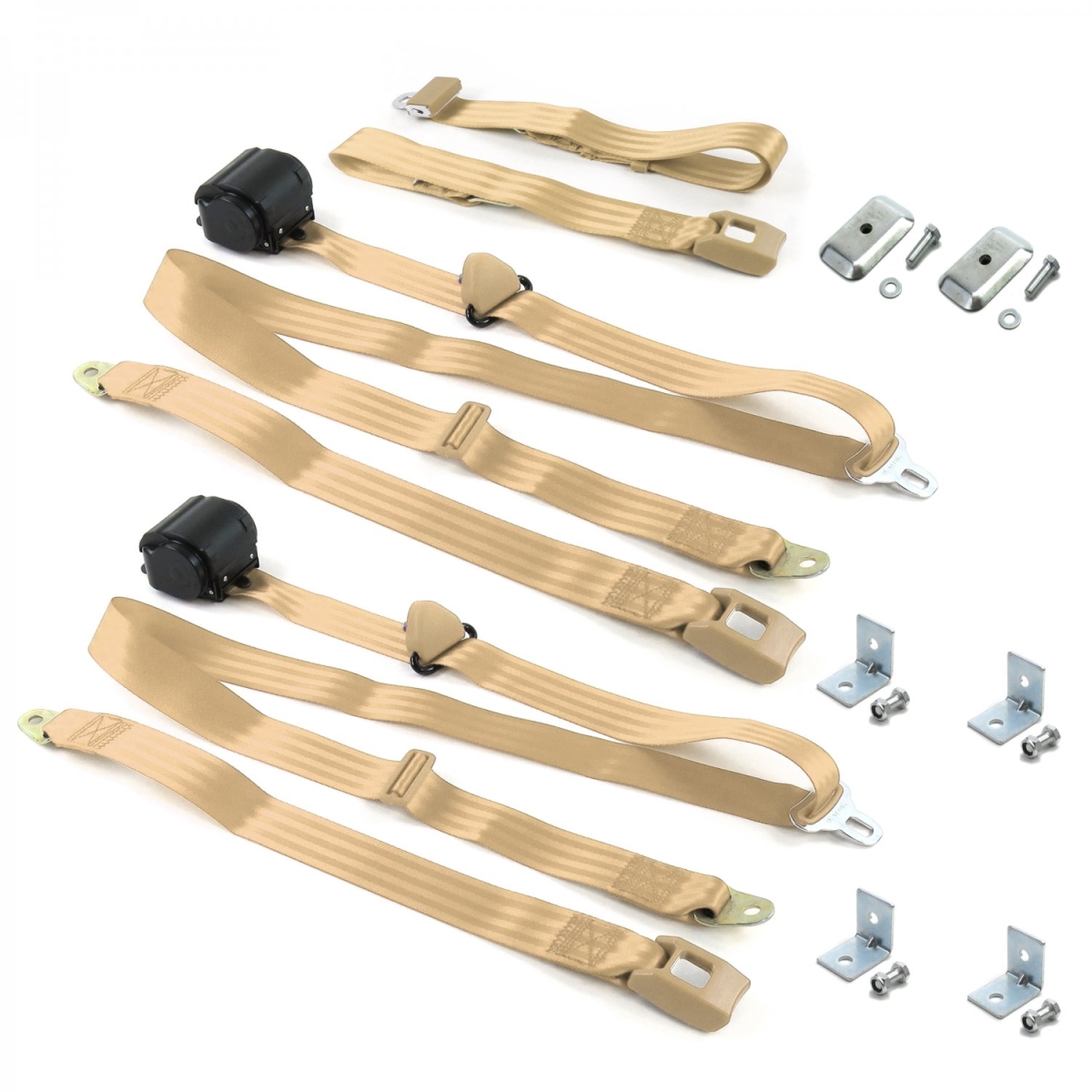 Standard 3 Point Tan Retractable Bench Seat Belt Kit with Bracketry for Ford Thunderbird 1980-1982 - 3 Belts