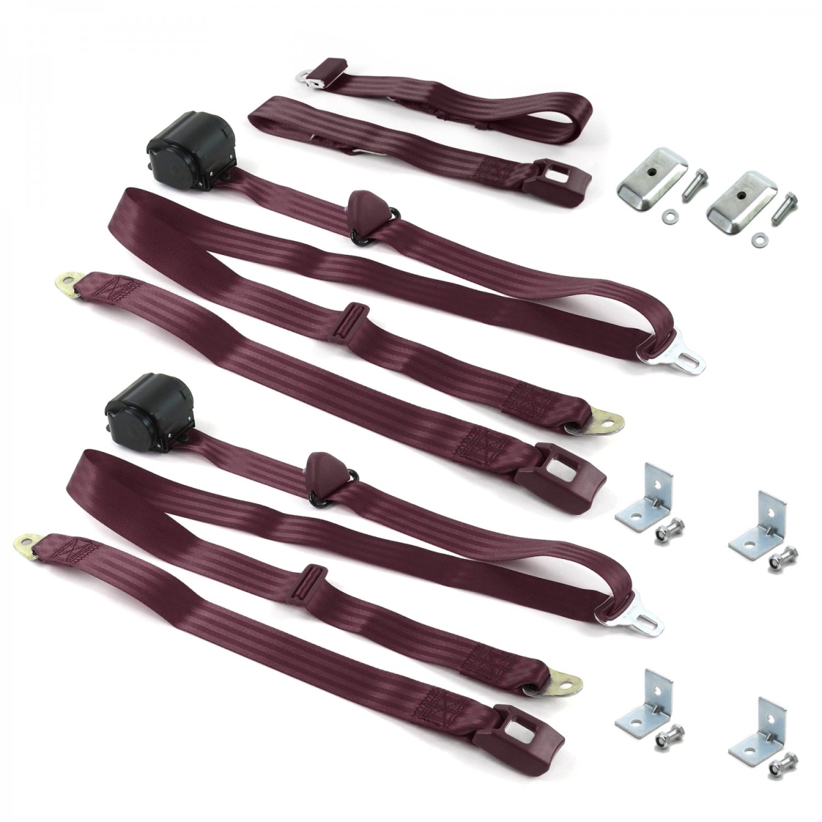 Standard 3 Point Burgundy Retractable Bench Seat Belt Kit with Bracketry for Ford GT40 1964-1969 - 3 Belts