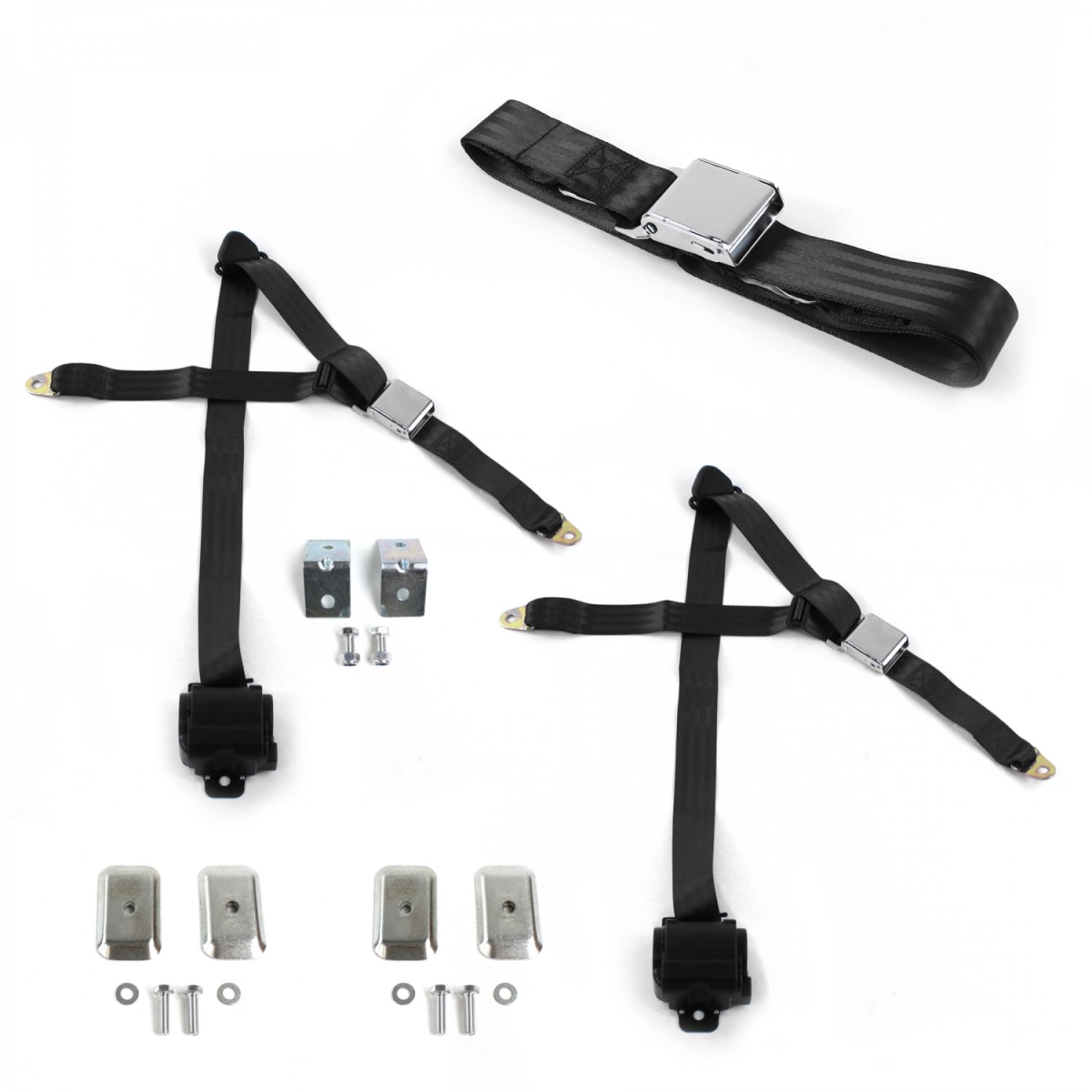 685080 Airplane 3 Point Black Retractable Bench Seat Belt Kit with Bracketry for Chevy Truck 1963-1966 - 3 Belts