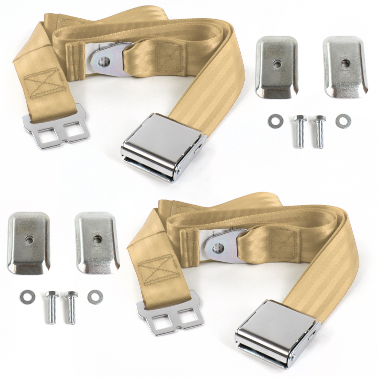 Airplane 2 Point Tan Lap Bucket Seat Belt Kit with Bracketry for Ford Mustang 1967-1970 - 2 Belts
