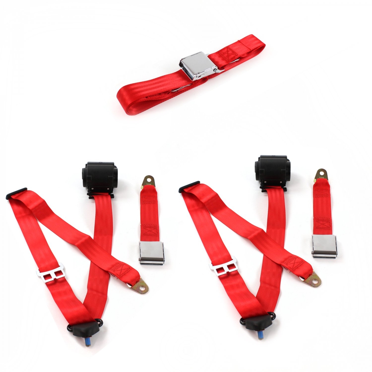 Airplane 3 Point Red Retractable Bench Seat Belt Kit for Chevy II 1962-1965 - 3 Belts