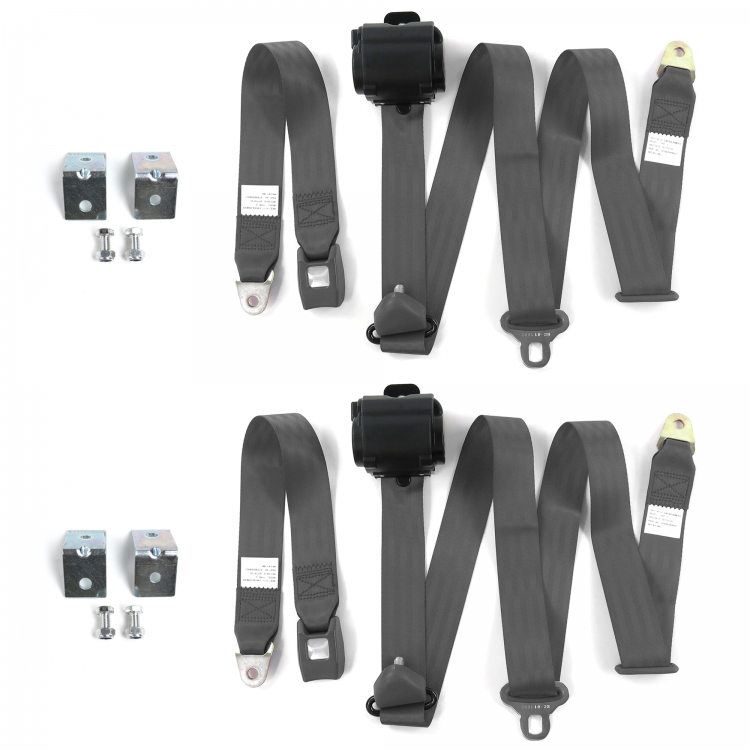 Standard 3 Point Charcoal Retractable Bucket Seat Belt Kit with Bracketry for Ford Truck 1957-1960 - 2 Belts