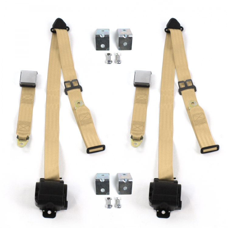 Airplane 3 Point Tan Retractable Bucket Seat Belt Kit with Bracketry for Ford Thunderbird 1961-1966 - 2 Belts