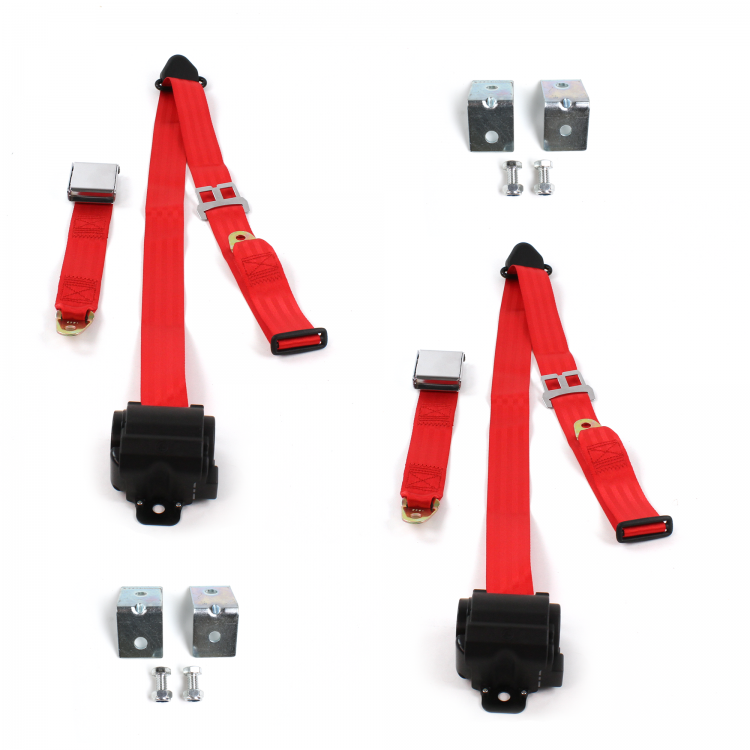 Airplane 3 Point Red Retractable Bucket Seat Belt Kit with Bracketry for Ford Falcon 1964-1965 - 2 Belts
