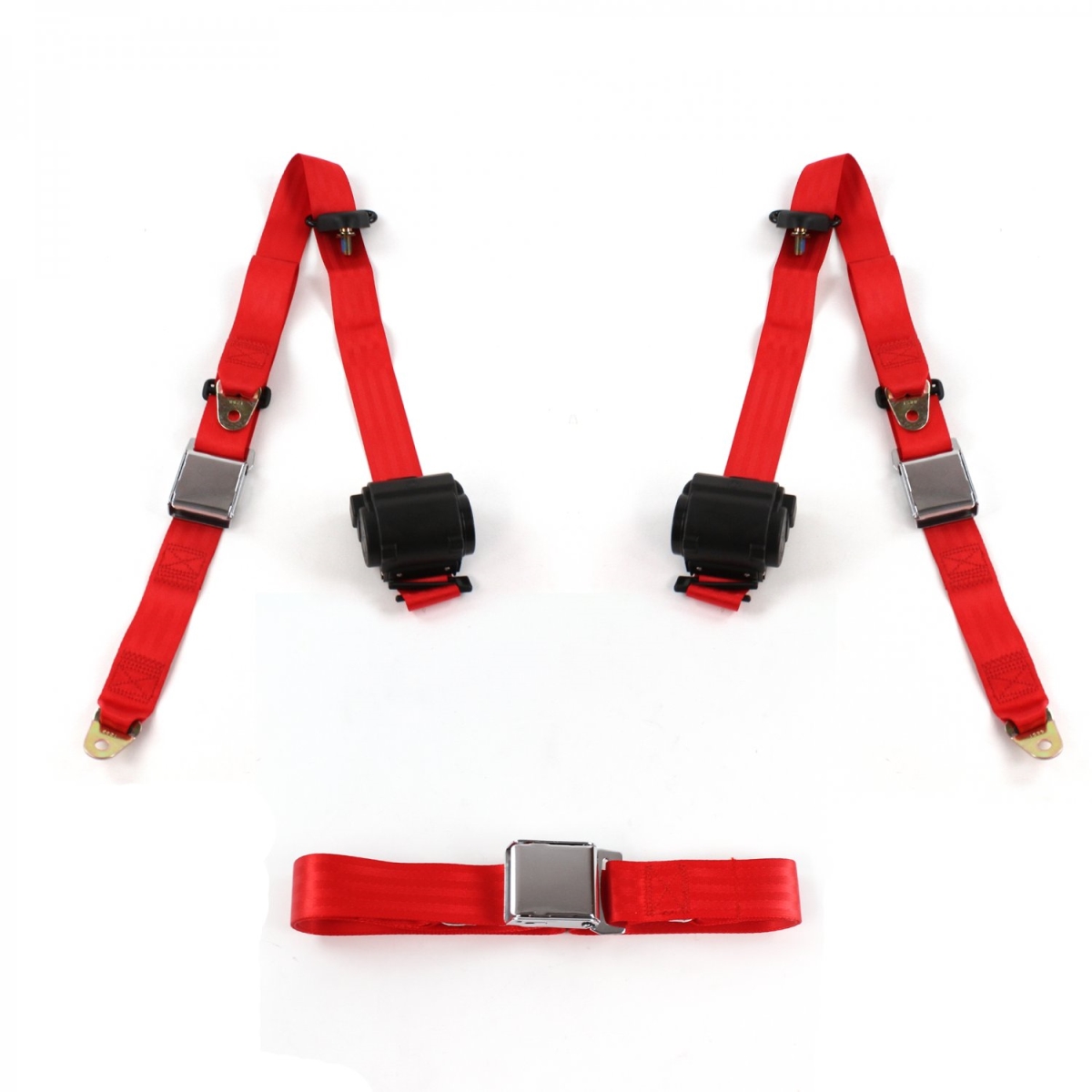 Airplane 3 Point Red Retractable Bench Seat Belt Kit for Chevy Cavalier 1982-1994 - 3 Belts