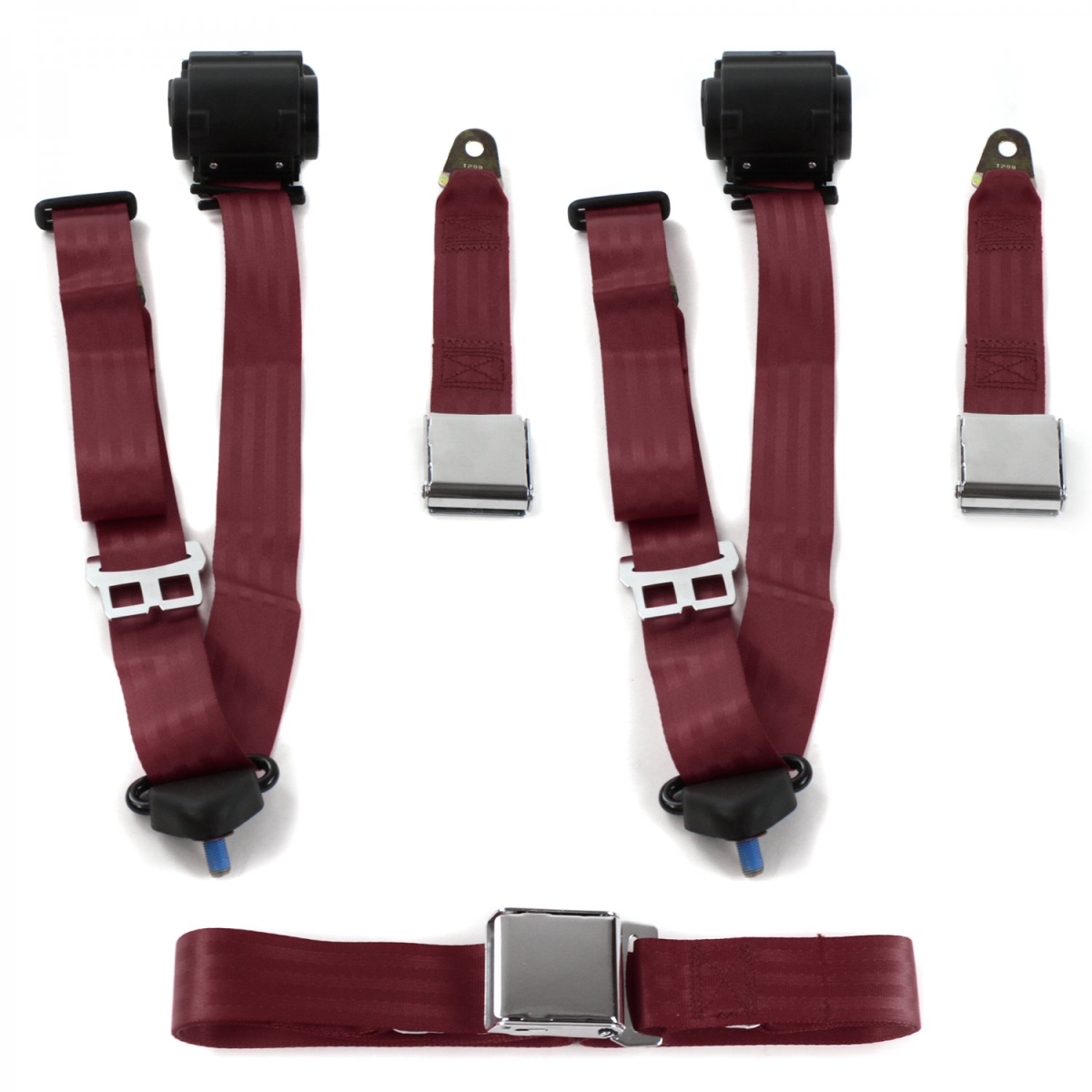 Airplane 3 Point Burgundy Retractable Bench Seat Belt Kit for Volkswagen Type 4 1968-1974 - 3 Belts