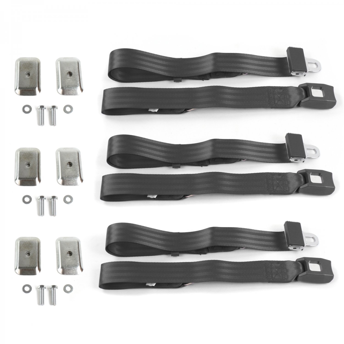 Standard 2 Point Charcoal Lap Bench Seat Belt Kit with Bracketry for VW Type 1 Oval 1953-1957 - 3 Belts