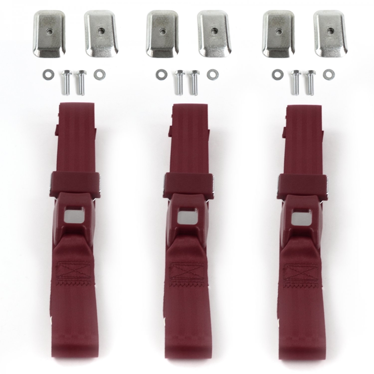 Standard 2 Point Burgundy Lap Bench Seat Belt Kit with Bracketry for VW Type 1 Oval 1953-1957 - 3 Belts