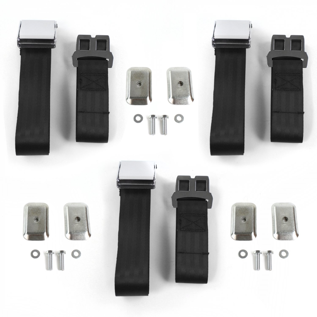 Airplane 2 Point Black Lap Bench Seat Belt Kit with Bracketry for Ford Thunderbird 1967-1976 - 3 Belts