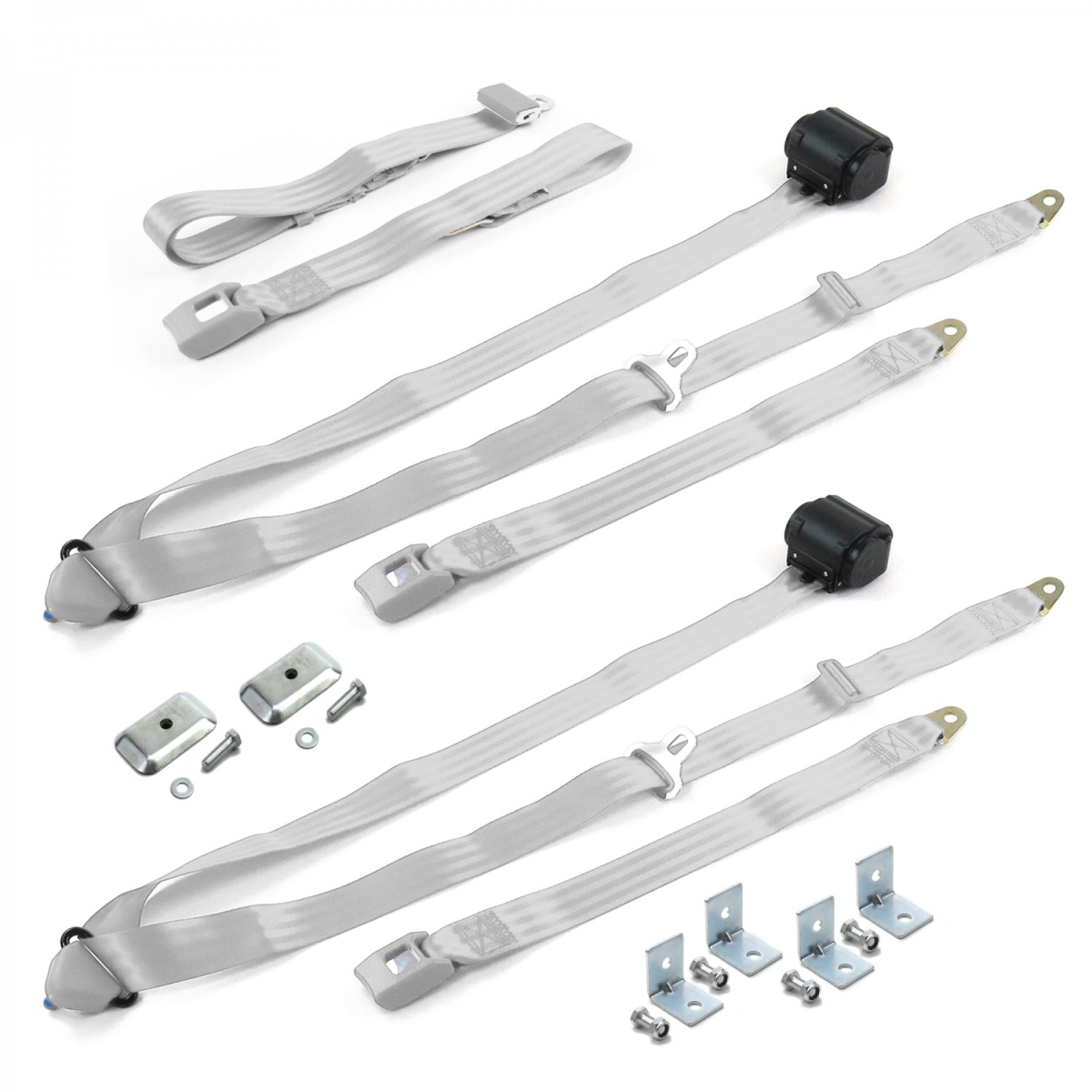 Standard 3 Point Gray & Grey Retractable Bench Seat Belt Kit with Bracketry for Chevy Chevelle 1968-1972 - 3 Belts