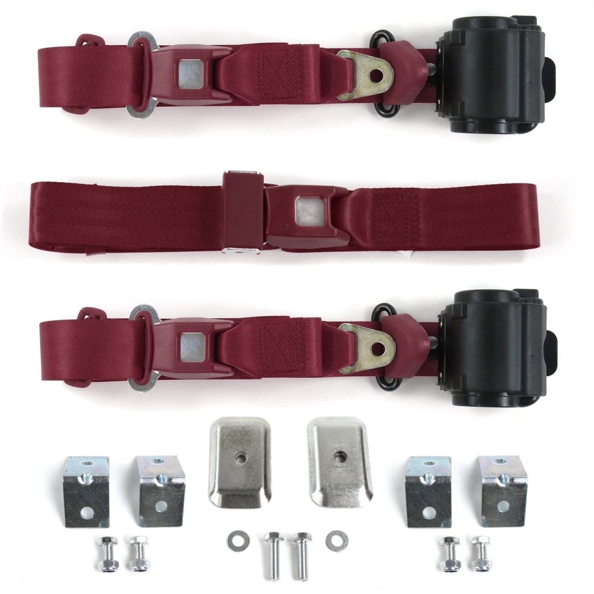 Standard 3 Point Burgundy Retractable Bench Seat Belt Kit with Bracketry for Ford 1955-1956 - 3 Belts