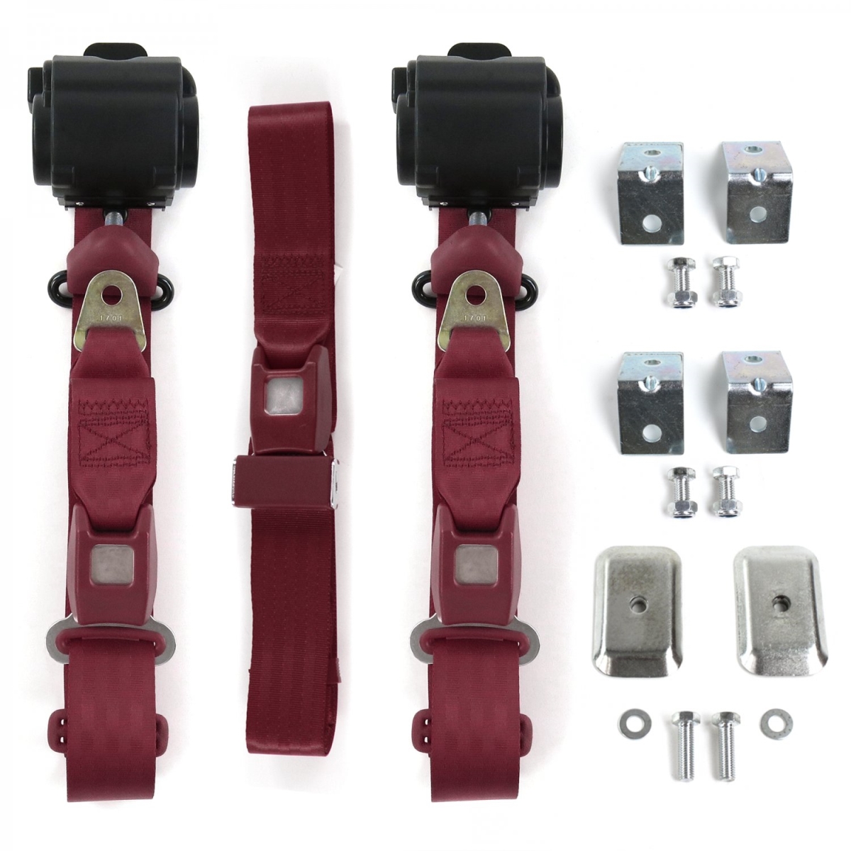 Standard 3 Point Burgundy Retractable Bench Seat Belt Kit with Bracketry for Ford Falcon 1960-1963 - 3 Belts