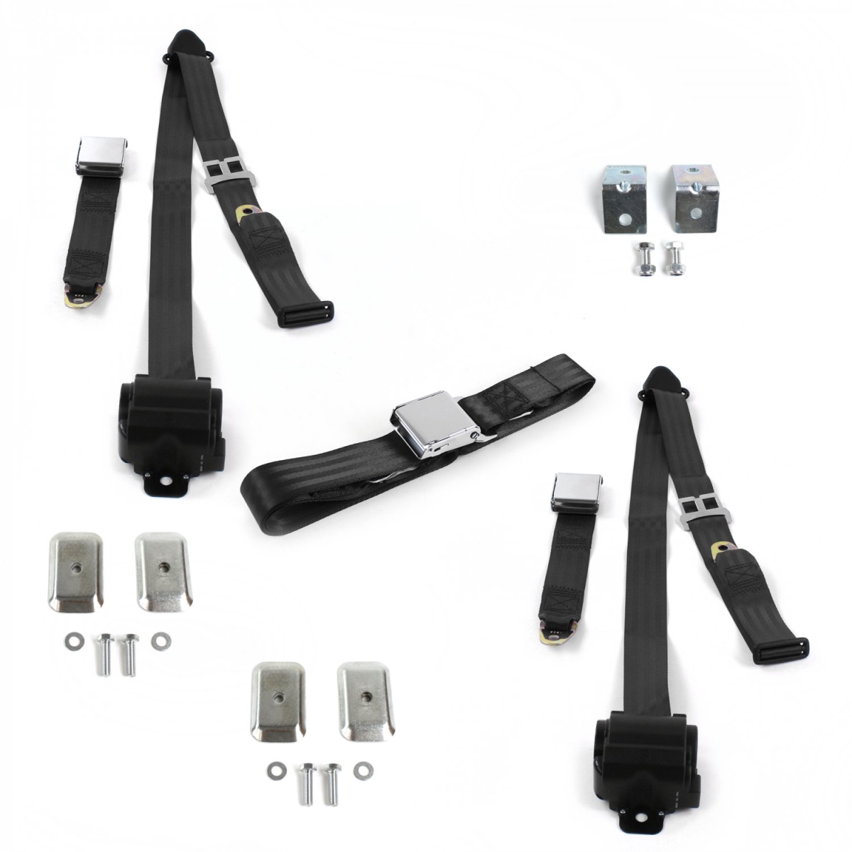 Airplane 3 Point Black Retractable Bench Seat Belt Kit with Bracketry for Ford GT40 1964-1969 - 3 Belts