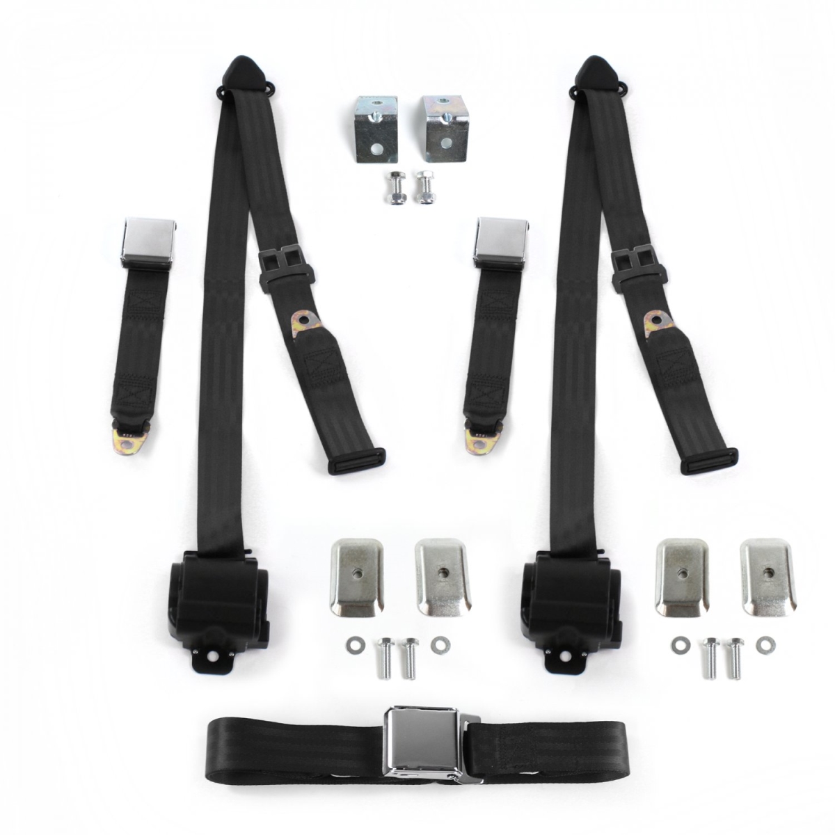 Airplane 3 Point Black Retractable Bench Seat Belt Kit with Bracketry for VW Type 1 1958-1967 - 3 Belts