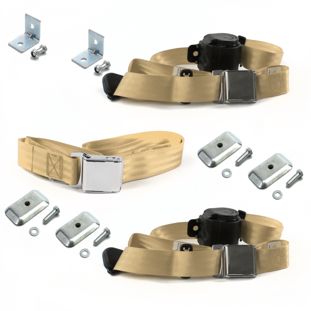 Airplane 3 Point Tan Retractable Bench Seat Belt Kit with Bracketry for Jeep Jeepster 1966-1973 - 3 Belts